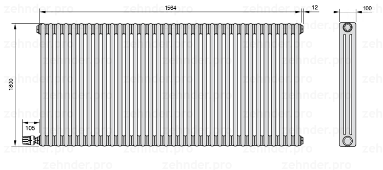 Схема (чертеж) Радиатор Zehnder Charleston 3180/34 №V004 Белый глянцевый RAL 9016